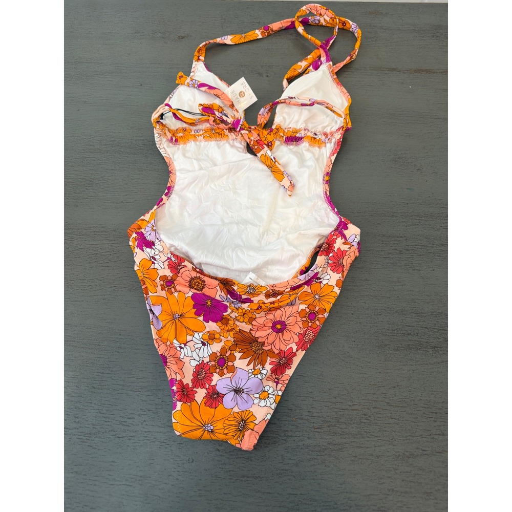 NW5 Shade & Shore Floral Monokini Swimsuit Orange Pink Retro Halter Small 4-6 - Picture 2 of 3